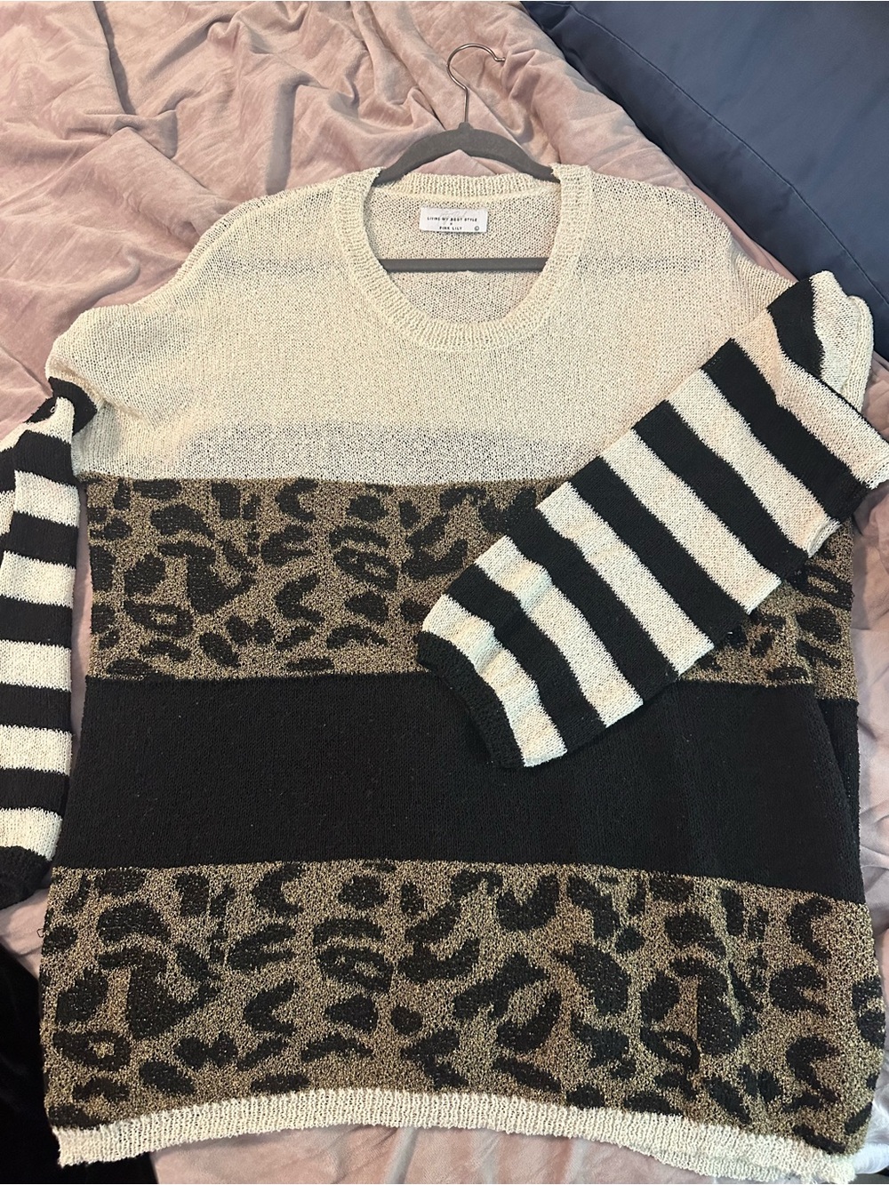 Striped and Leopard Block Knit Sweater - Black, Cream, Brown